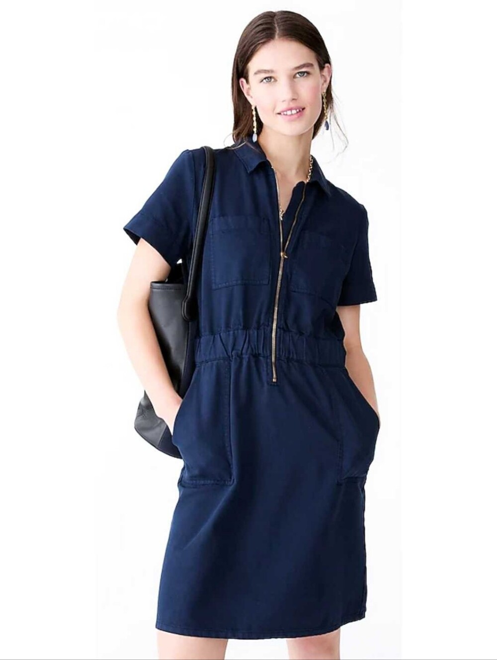 J Crew Zip Front Chino Dress Navy Blue Collar Pockets Utility Classic Shift